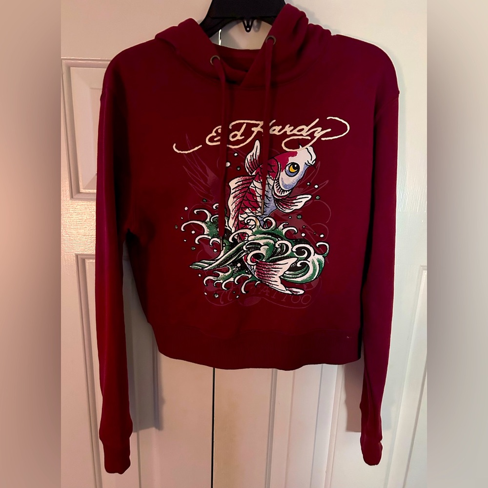 NWOT Ed Hardy cropped burgundy hoodie